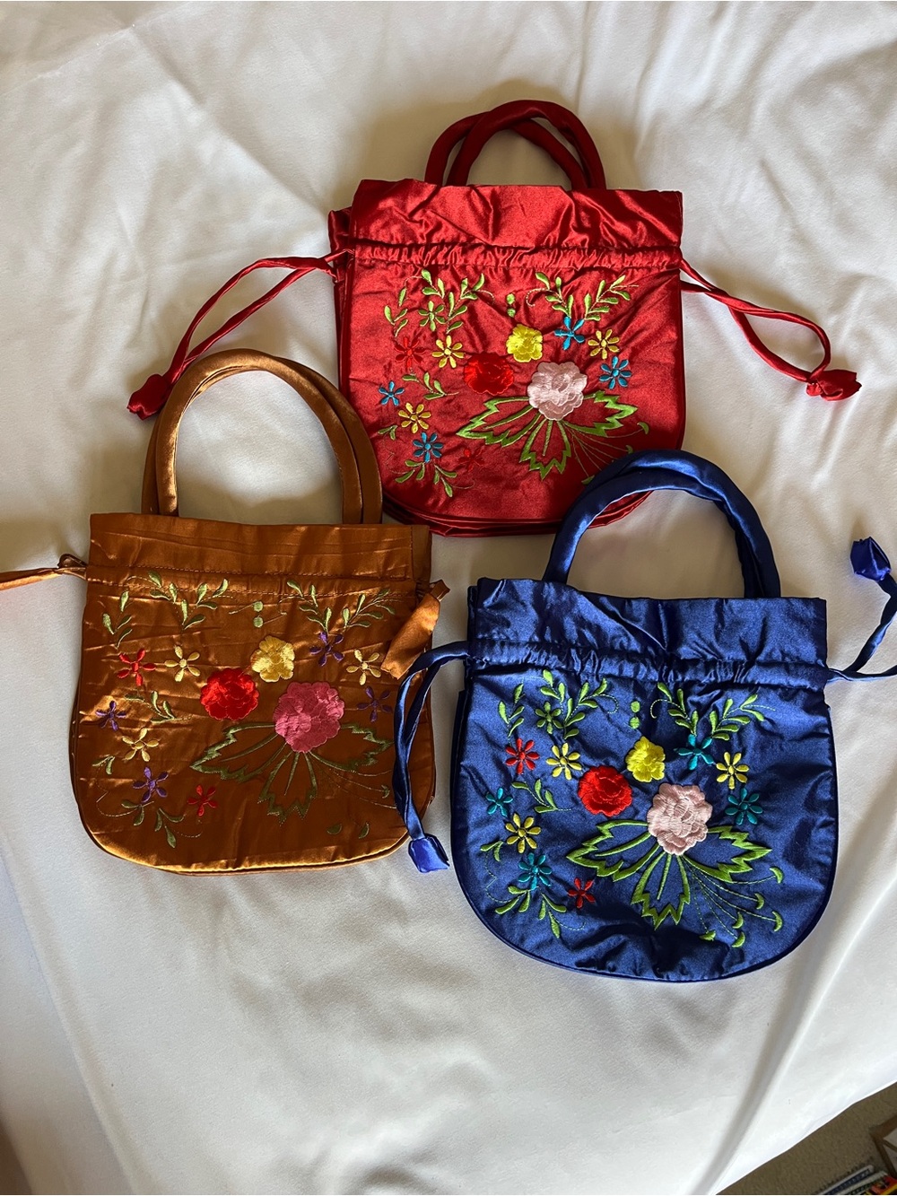 Embroidered Satin Mini Tote Bag - Red
